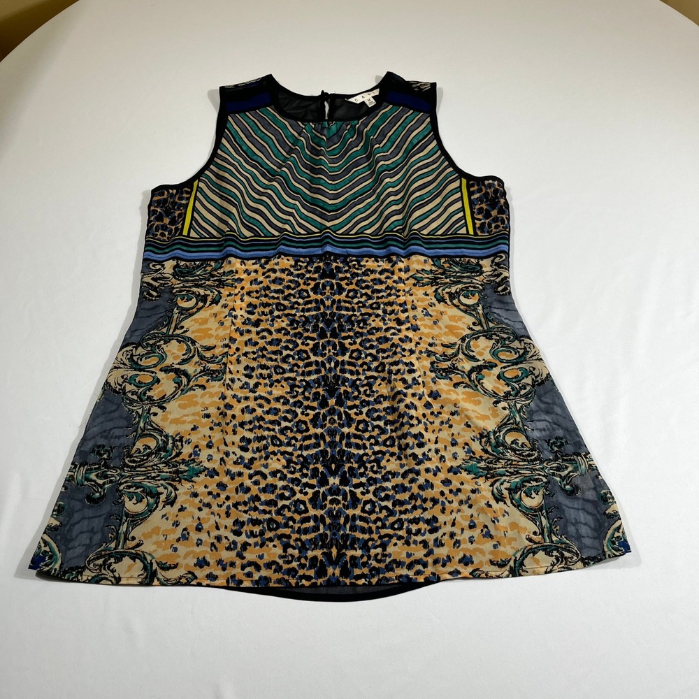 Cabi Tunic Top Womens Medium Multicolor Mixed Print Sleeveless Sheer Bohemian